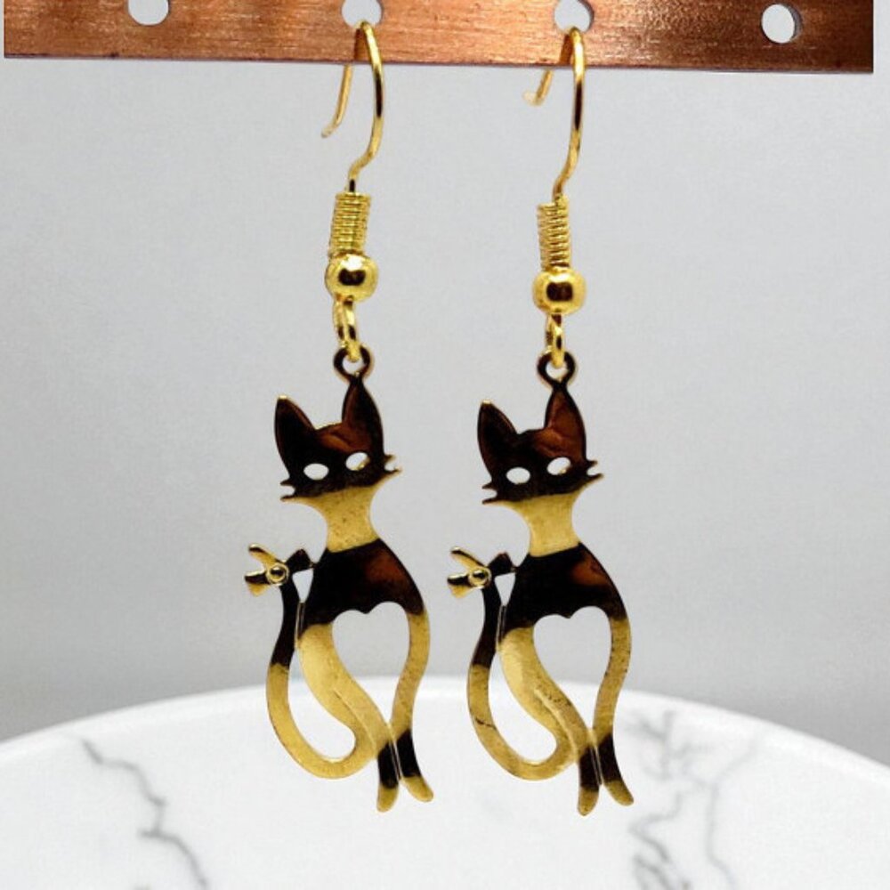 NEW Gold Cat Heart Dangle Earrings